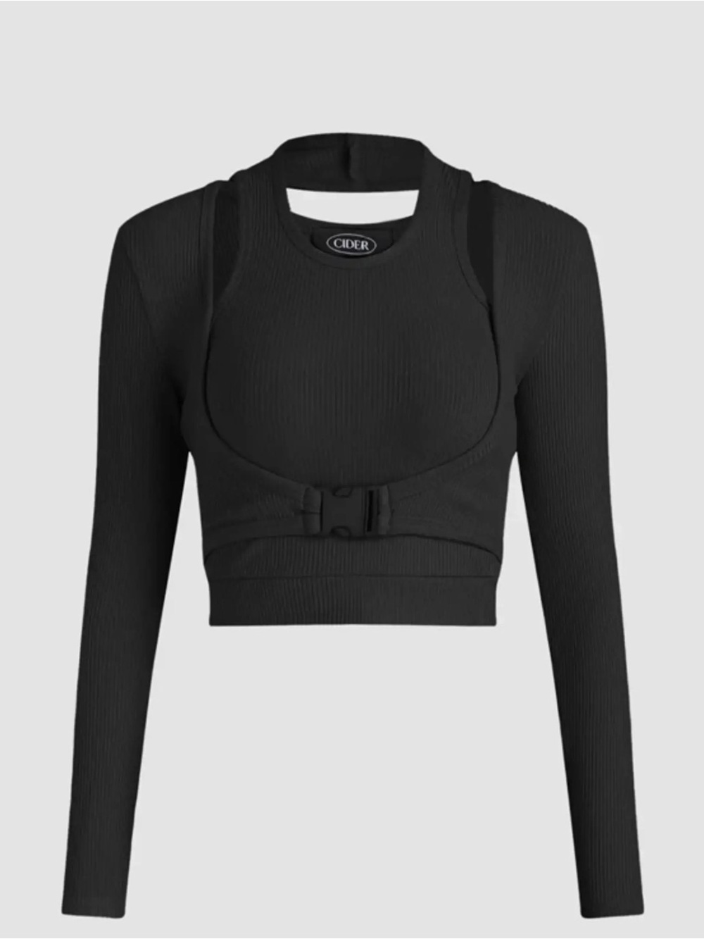 NWT Cider Black Ribbed Buckle-Overlay Long Sleeve Crop Top